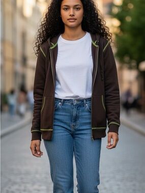 Three Dots Dark Brown Hoodie with Lime Details